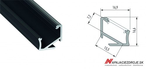 ALU PROFIL TYP H ROHOVÝ (30°/60°) PRE 1 x 12MM LED (ČIERNY ANODIZOVANÝ)